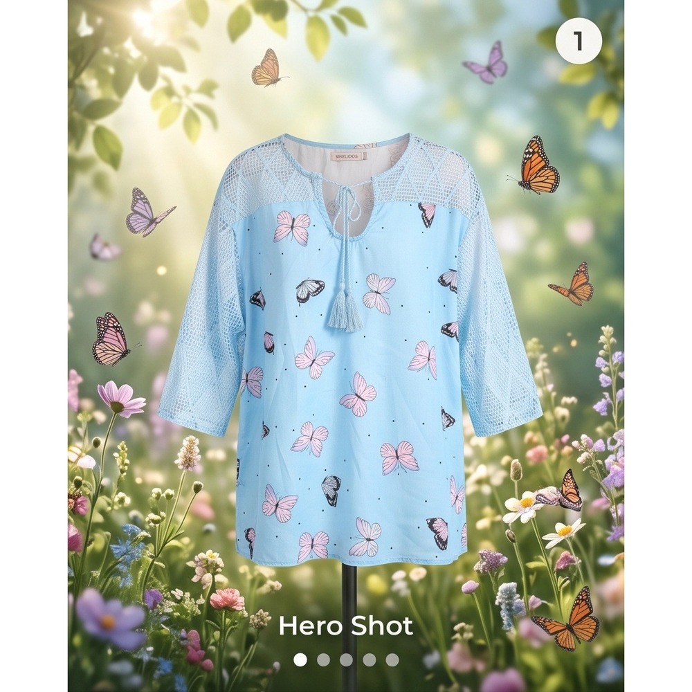 Misslook L Butterfly Print Lace Sleeve Tassel Tie Blouse Light Blue Large